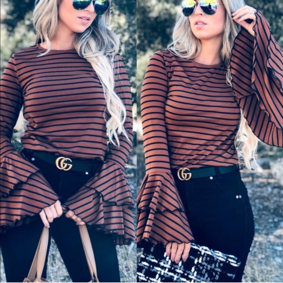 Striped Ruffle Sleeve Top, Bell Sleeve Top - Picture 2 of 2